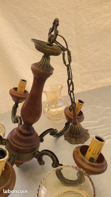Lustre Vintage 5 Branches En Bois Et Laiton - Occasion Fonctionnel - Éclairage D'ambiance Rétro