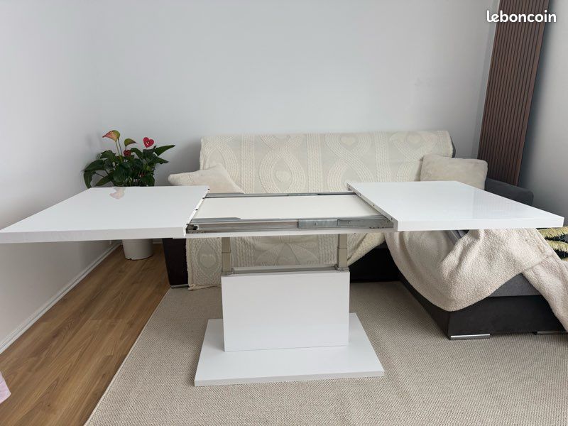 Table basse escamotable blanc laqué état neuf avec deux rallonge (image 9)