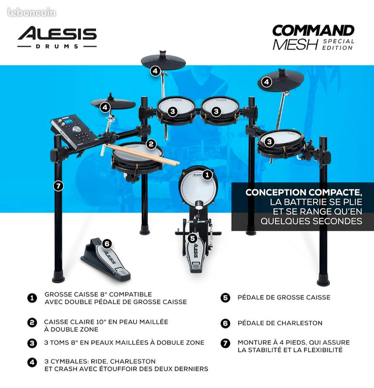 Alesis Command SE Kit - Batterie Electronique en Peau Maillée
Connexion USB MIDI, Chargement De Sample, 70 Kits, 600+ Sons, 120
Pistes (image 10)