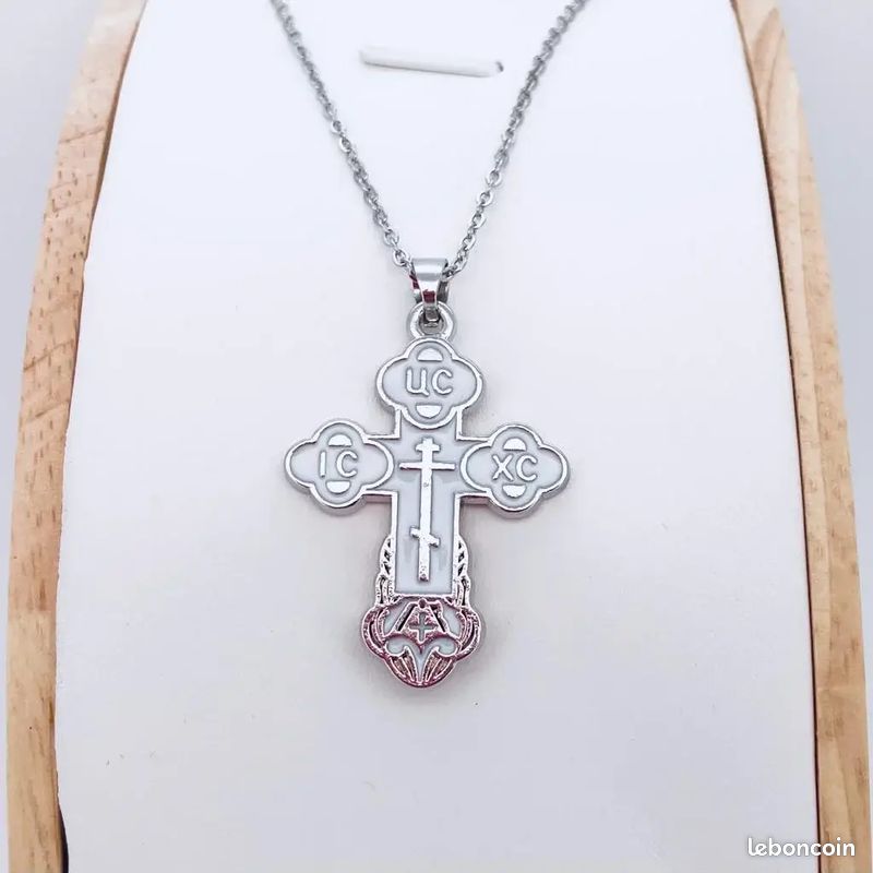 Collier avec Pendentif Croix Orthodoxe Acier Inoxydable Argent Blanc (image 1)