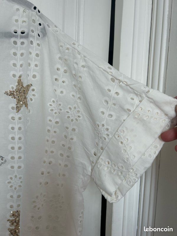 Chemise longue coupe liquette -blanc cassé - coton, broderies anglaises, sequins - TU jusqu’au 52 - neuve (image 3)