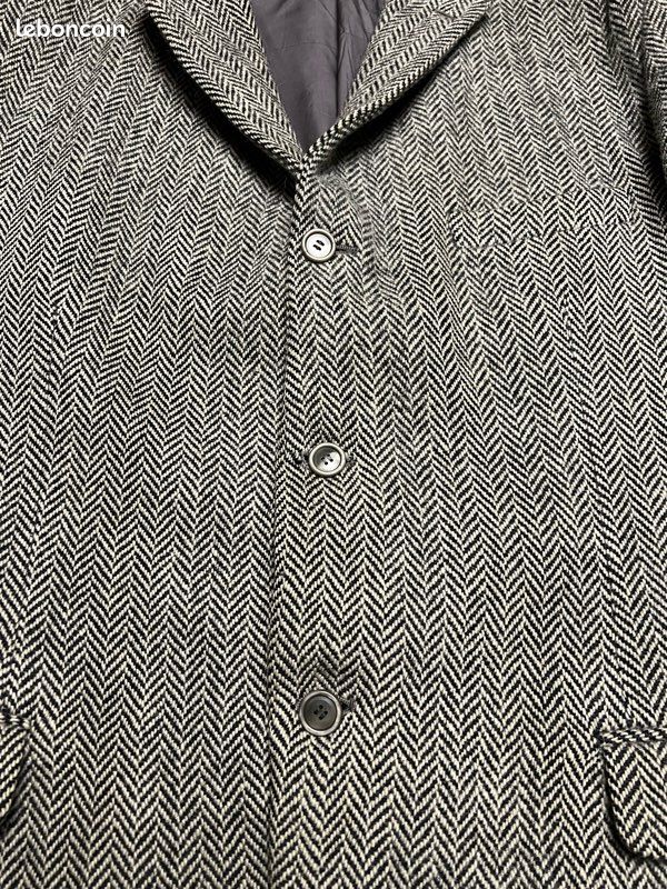 Veste Vintage Gris/noir Rosette En Tweed à Chevrons - Taille 38 (14), Col Velours, Occasion Très Bon état