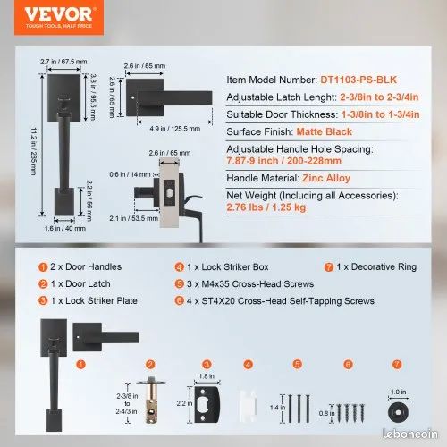 Poignée de porte d'entrée VEVOR, noir mat, poignée à levier carrée sans serrure, entraxe réglable, compatible avec les portes d'entrée à ouverture à droite et à gauche (image 2)