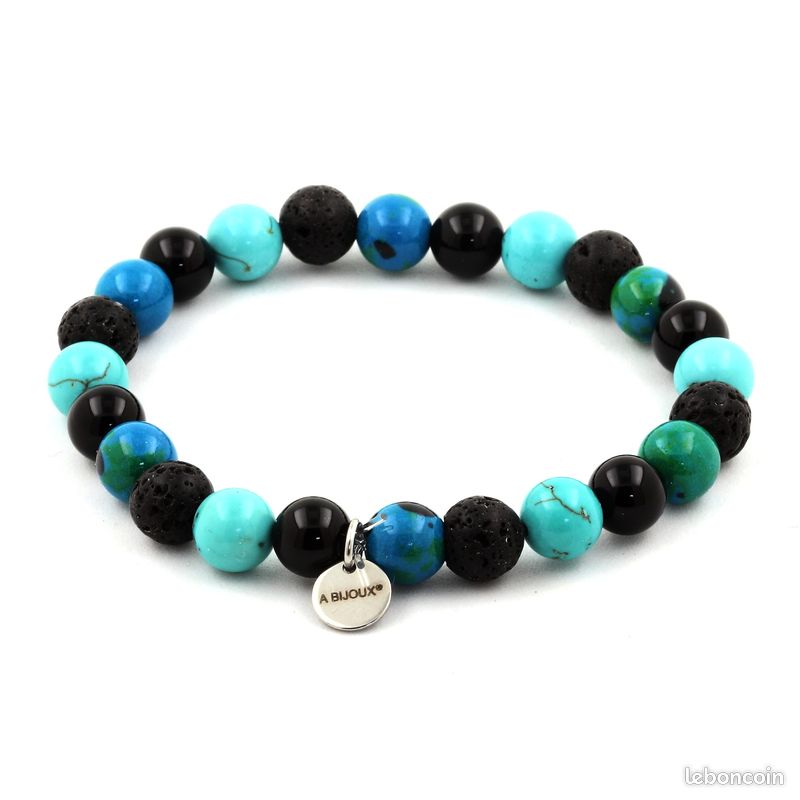 Bracelet Perles Chrysocolle + Agate noire + Turquoise + Lave 8 mm. Fabriqué en France (image 1)