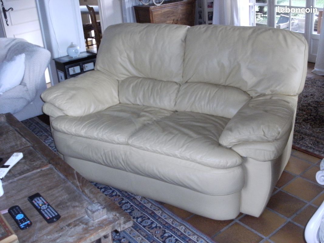 Canapé et fauteuil cuir beige (image 1)