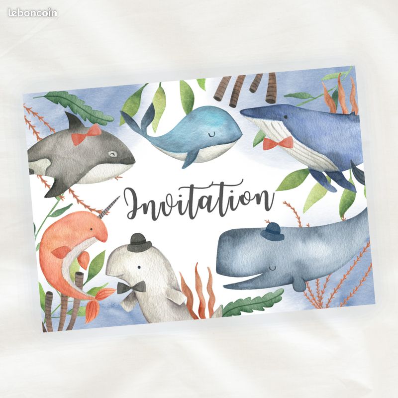 Lot de 8 cartes d'invitation anniversaire enfant - animaux de la mer aquarelle (image 4)
