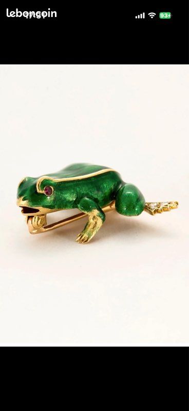 Grande Broche Bijou Vintage Clé Or Émail Vert Émeraude 1984 - Occasion