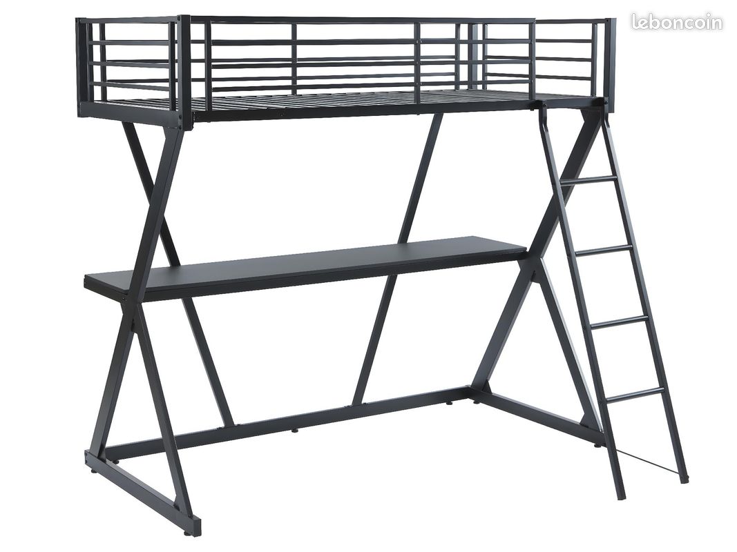 Lit mezzanine 90 x 190 cm - Avec bureau - Métal - Noir - FLY (image 1)