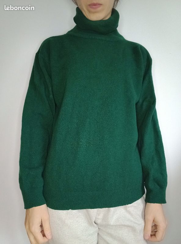 Pull col roulé vert sapin pure laine vierge, vintage 1980s, 38 (image 2)