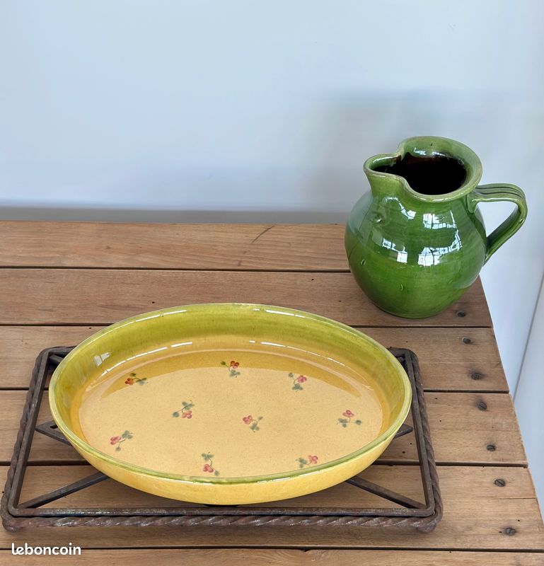 Plat à Four Ovale Ancien En Tôle émaillée Verte – Longueur 29 Cm