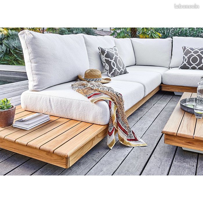 Salon bas de jardin Teck et coussins (2 méridiennes + 1 angle + 1 table basse) - Newcastle - 5 plac (image 2)