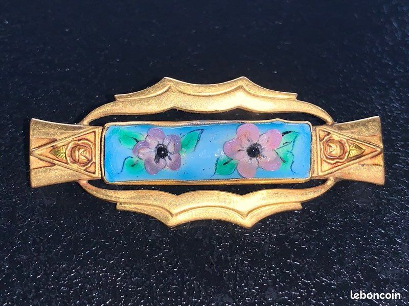 Broche Ancienne Style Art Déco En émail Doré Avec Cabochon - Bijou Vintage Occasion