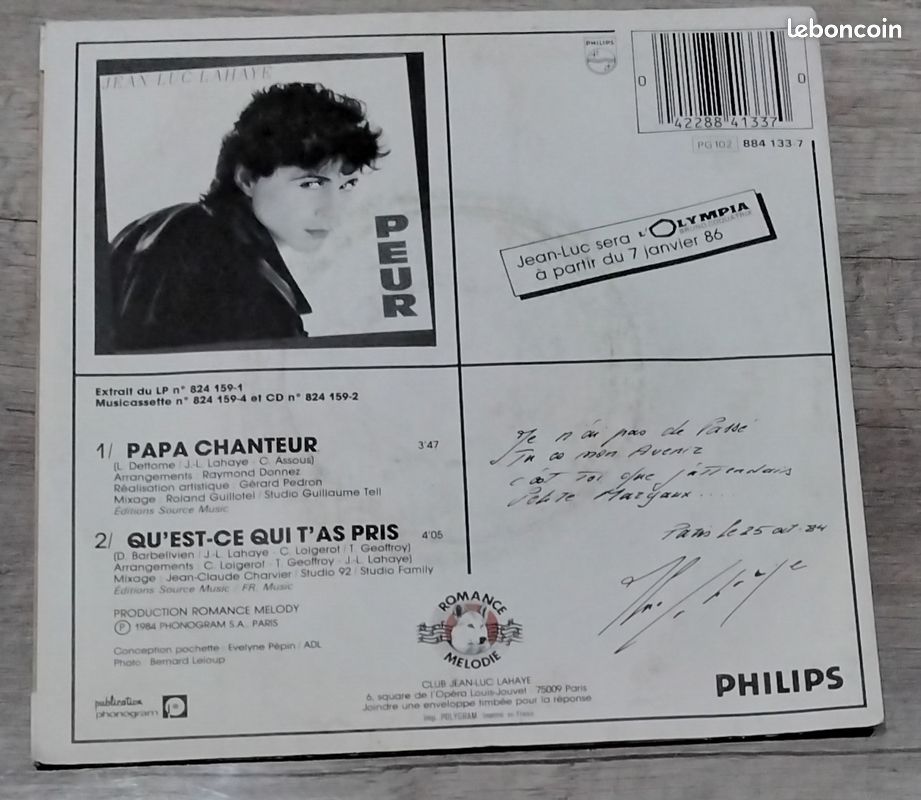Vinyle 45 Tours 2 Titres Jean-Luc Lahaye Papa Chanteur (image 4)