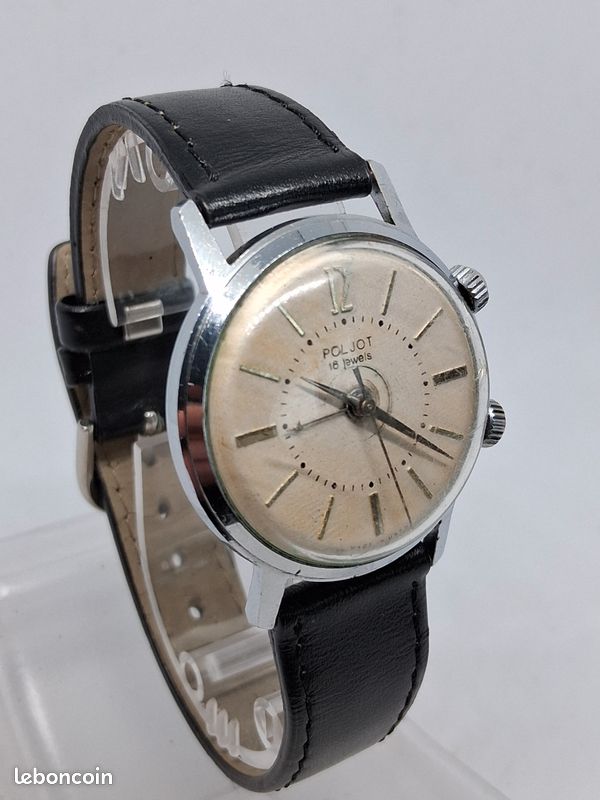 Montre Mécanique Vintage Poljot Homme - Réf. 6223, Années 80, Cadran Argenté, Cuir Noir