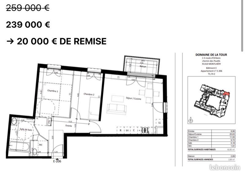 Appartement 3 pièces 63 m² · à Montlhéry · 62,8 m² · 239 000 €