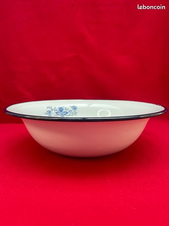 Ancienne Bassine émaillée Blanche Liseré Bleu - D32 Cm - Occasion