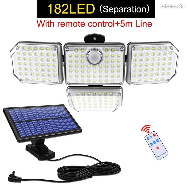 Projecteur de sécurité solaire à 182/112 LED, avec 3 modes d'éclairage, tête réglable (image 1)