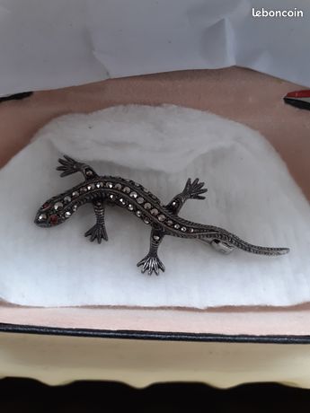Broche Lézard Argent Et Marcassite Style Art Déco Vintage - Occasion - Poinçon Crabe