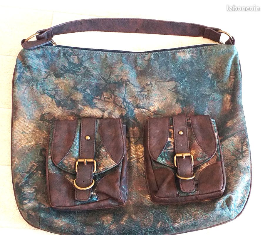 Sac NEUF en Jean bleu motif Doré & Simili Cuir Marron (image 2)