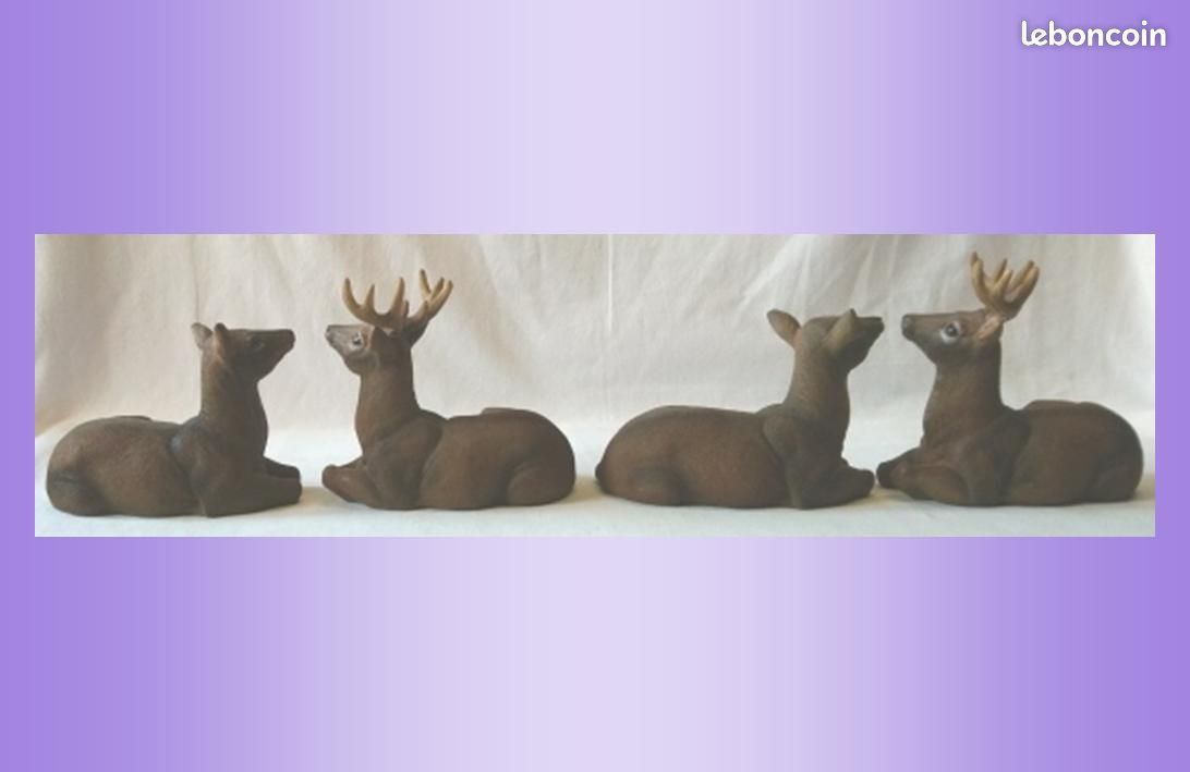 Figurines : 2 couples composés d’un cerf et d’une biche couchés (soit 4 pièces au total), en résine colorée rappelant leurs couleurs naturelles, à poser, à l’intérieur voire à l’extérieur | TBE (image 5)