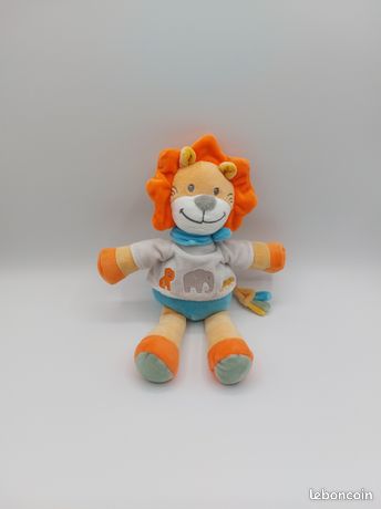 Peluche Doudou Lion Auchan Luckson - Vintage Années 90/2000 - Bleu Vert Orange Jaune
