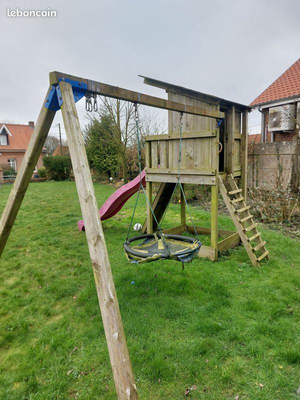 Aire de jeux bois complète - Toboggan, Cabane et Balançoires (image 3)