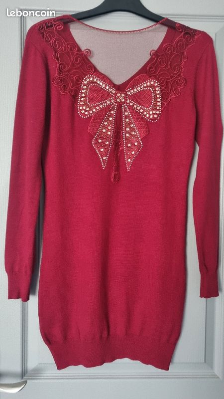 Robe pull rouge dos voile avec nœud en strass taille 36 (image 2)