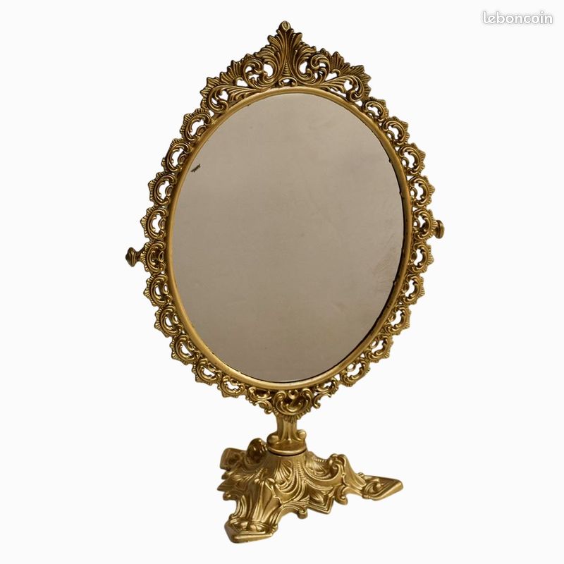 Psyché miroir doré ovale pivotant à poser sur pied H 50 cm rocaille arabesque (image 2)