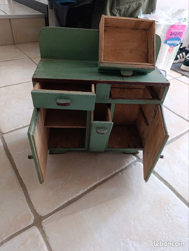 Ancien Buffet Miniature En Bois Peint Pour Poupée - Jouet Français 5-7 Ans - Mobilier Poupée