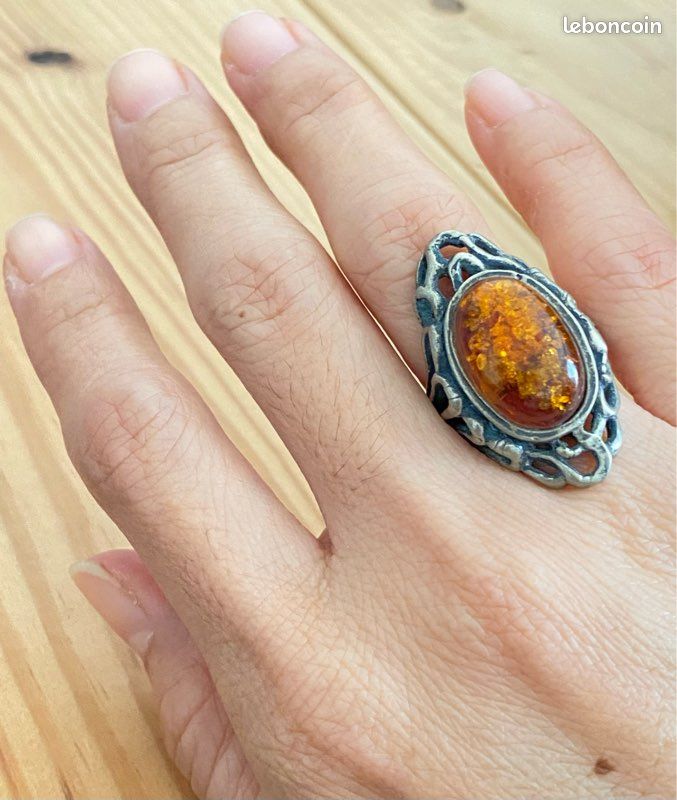 Bague Argent Massif Et Ambre Véritable Taille 54 - Bijou Fait Main France