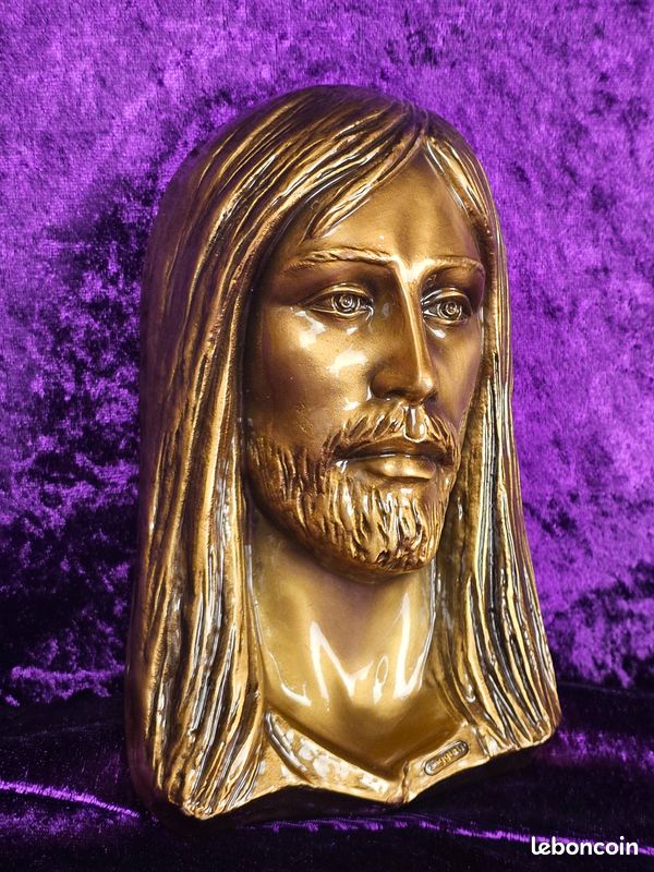 Plaque effigie reproduction Jésus Christ en bronze patiné brillant Caggiati vintage (image 6)