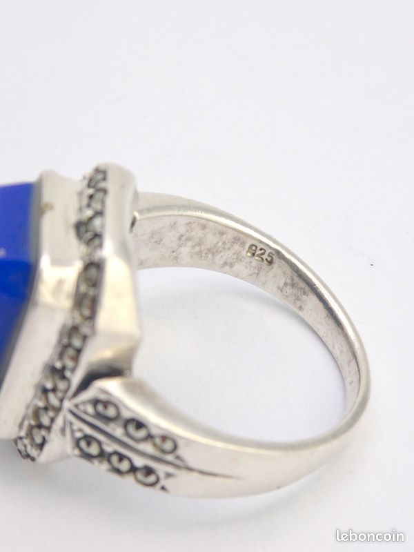 Bague Art Déco En Argent Massif Et Résine Bleue - Taille 51, Vintage Et élégante