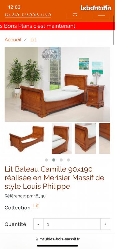 Lit et petite table de chevet GRANGE style Louis Philippe merisier (image 1)