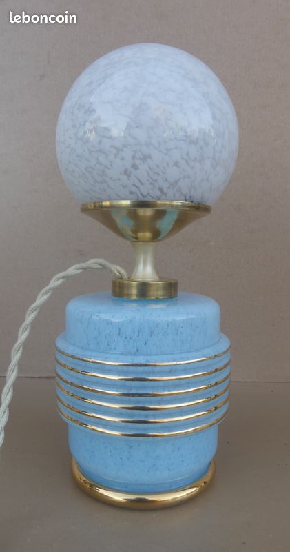 Lampe verre de Clichy bleu & boule blanche de bureau vintage luminaire ancien (image 2)