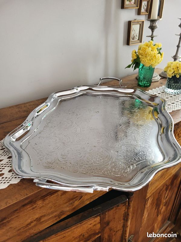 Plateau Métal Martelé Argenté – 25 Cm, Neuf, Fait Main, Pour Boissons