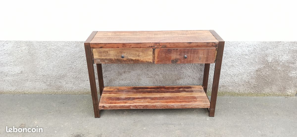Console en bois ancien avec pieds métal 2 tiroirs (image 3)