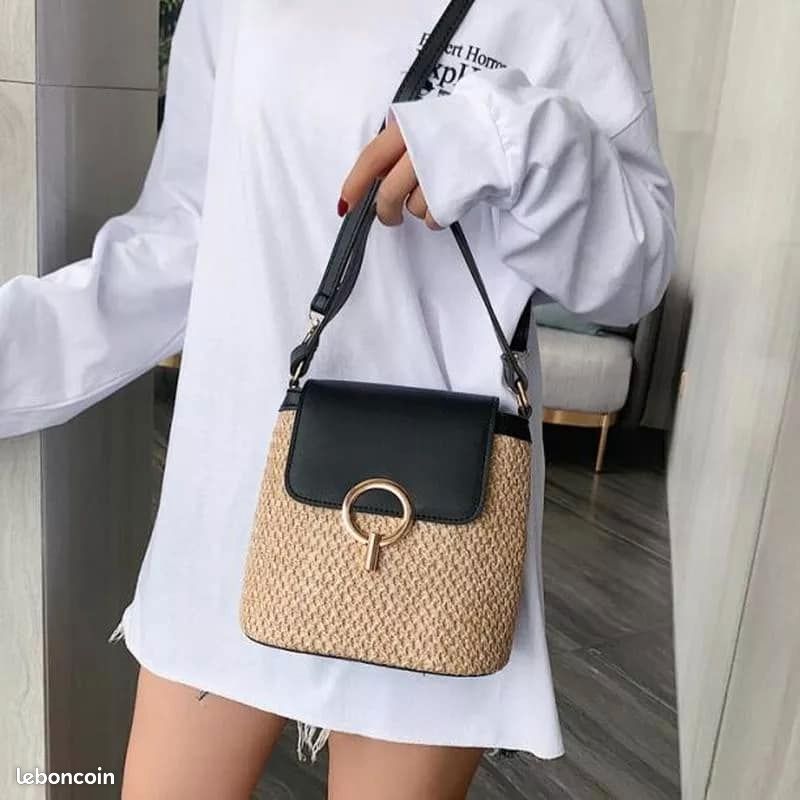 Sac à main bandouilère paille osier et simili cuir noir pour femme et fille printemps été (image 3)