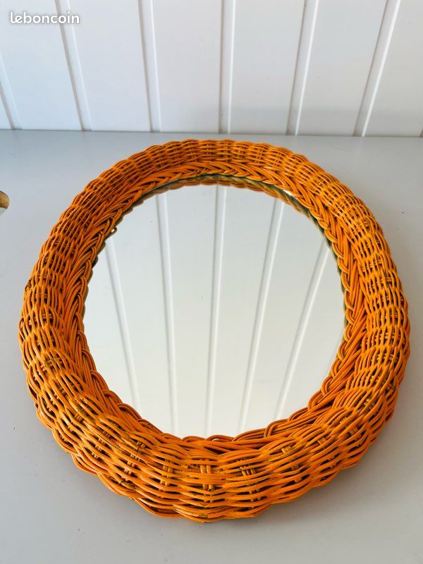 Miroir Ovale en Osier Tressé Orange Vintage Années 70 (image 8)