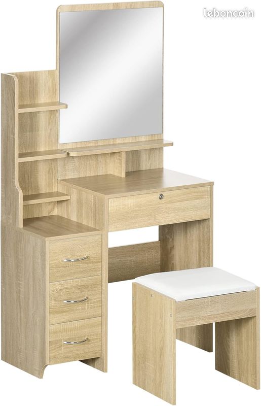 Ensemble Coiffeuse Bois Naturel - Table de Maquillage - Tabouret Rembourré - Grand Miroir - Étagères Ouvertes - Tiroirs (image 1)