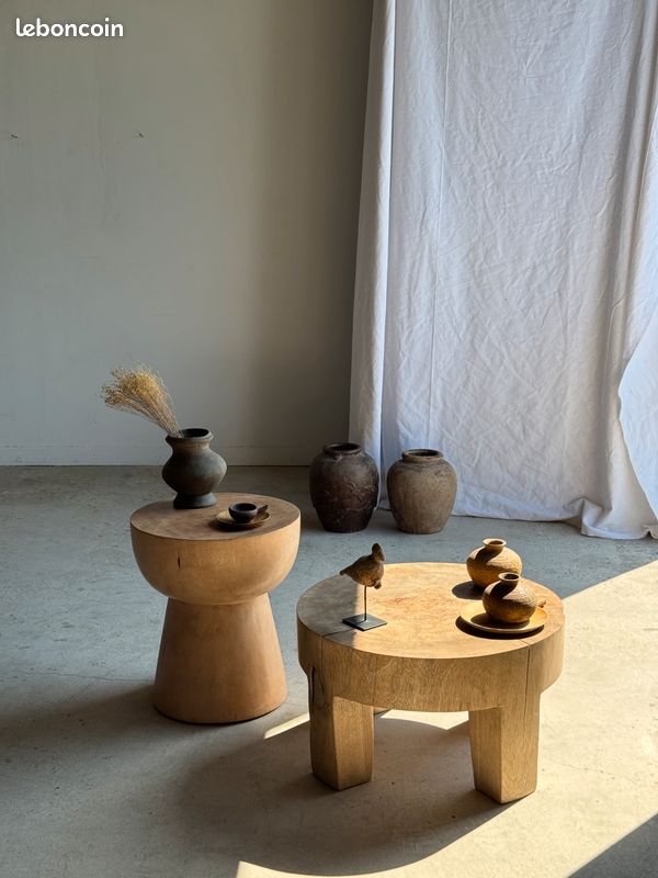 Table d'appoint ou stool plateau demi-sphérique en manguier beige H50 D45 (image 8)