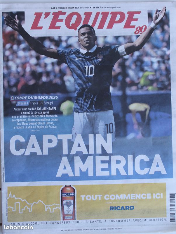 L'Equipe du 17/6/2026 - Coupe du Monde 2026- France 3 - 1 Sénégal - Mbappé - Olise - (image 1)