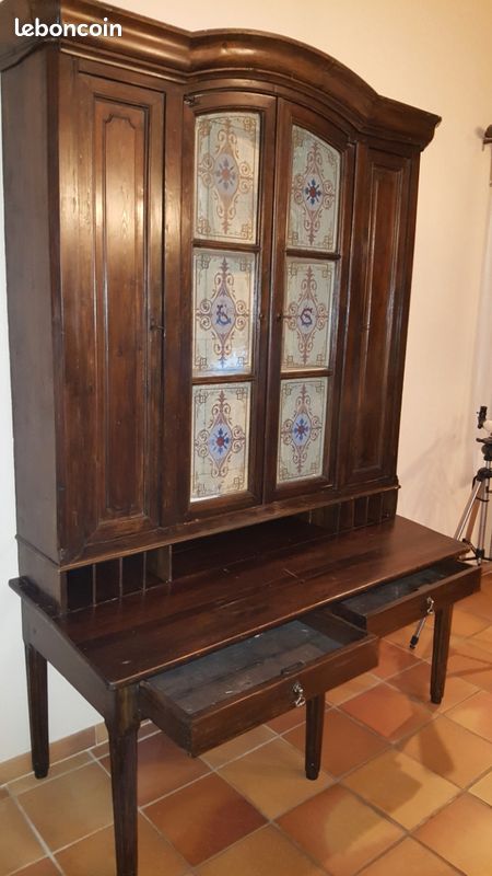 Bureau ancien avec bibliothèque vitrée – verres décorés – bois massif (image 2)