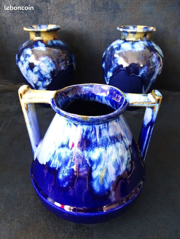 VENDUES / Vases Céramiques Grès du Morvan bleu + Alpho Alphonse Mouton design Art Nouveau rétro Vintage 1930's (image 1)