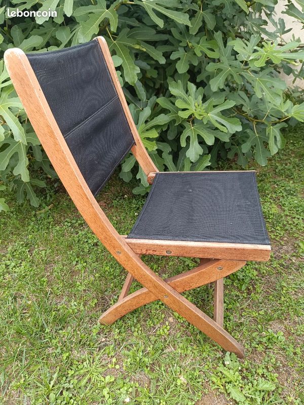 Chaise pliante teck toile noire (image 2)