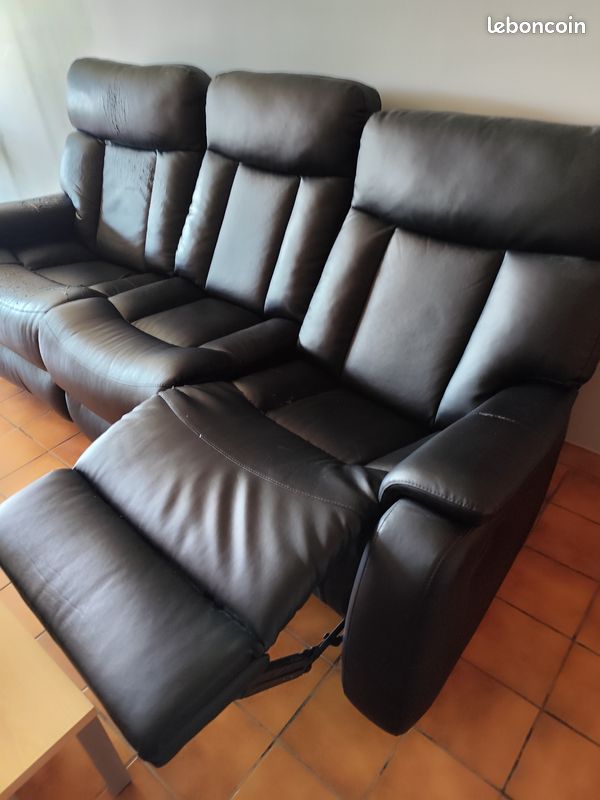 Canapé/fauteuils 3 places en cuir noir avec fauteuils relax (image 3)