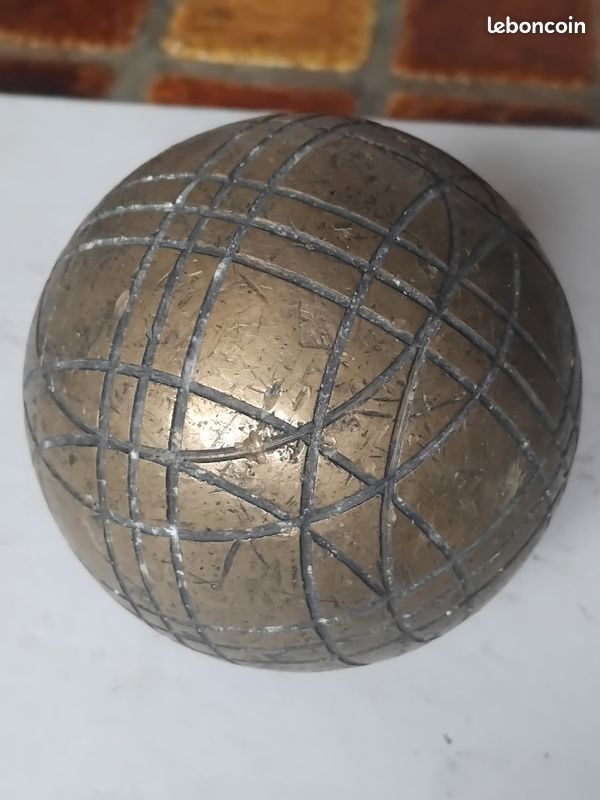 Jeu paire de boules Pétanque lyonnaise vintage rétro ancien jeu de longue avec filet lanière en cuir métal doré bronze ou laiton (image 14)