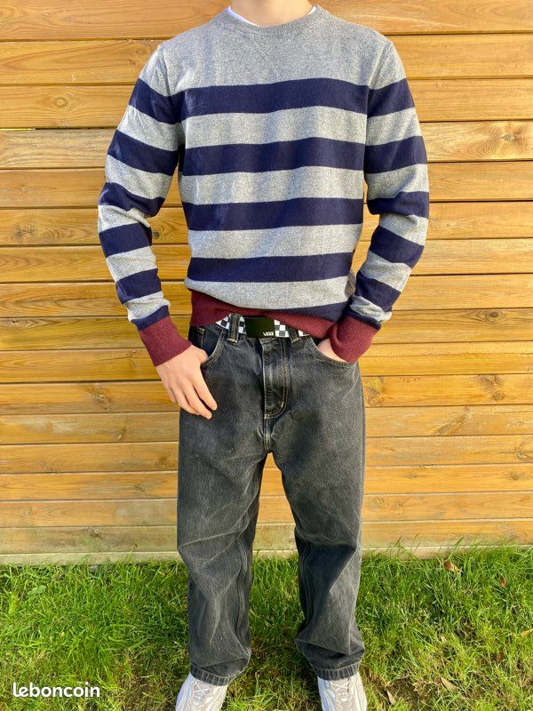 Pull homme Tommy Hilfiger laine d'agneau L – gris à rayures bleues