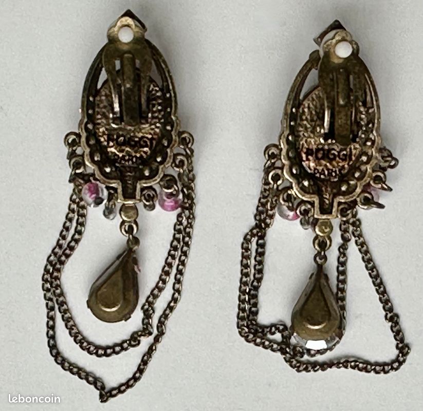 Boucles D'oreilles Vintage POGGI En Cuivre Doré 24K Avec Cristaux - Occasion Bon état