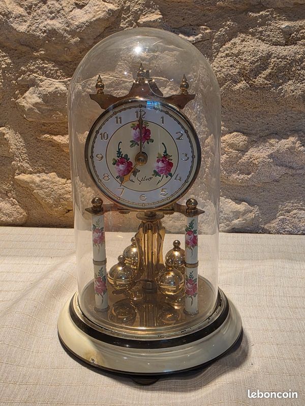Ancienne Pendule 400 jours Silvo (Koma) - Décor Floral - Sous Globe (image 1)