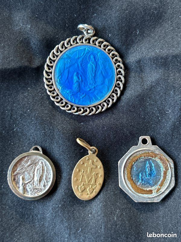 Pendentif Médaille Ancienne Sainte Marie En Or émail Bleu - Bijou Vintage Ronde